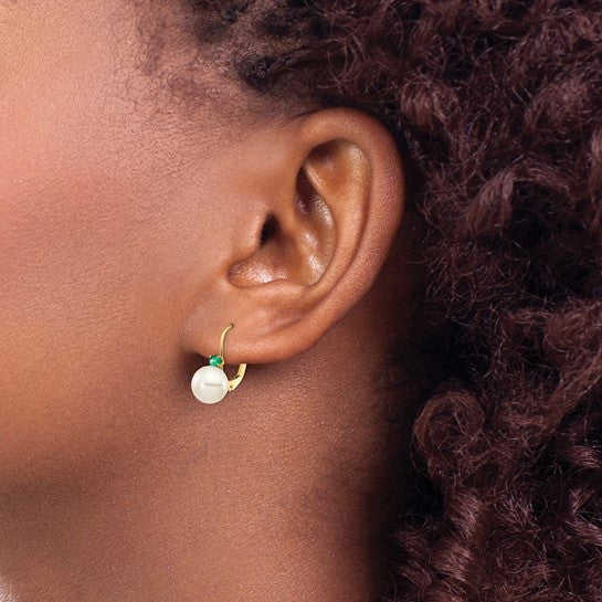 14kt Yellow Gold 7-7.5mm White Round FW Cultured Pearl Emerald Leverback Earrings