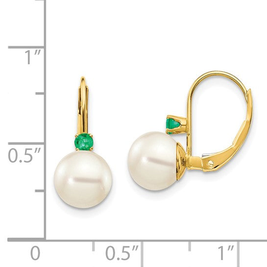 14kt Yellow Gold 7-7.5mm White Round FW Cultured Pearl Emerald Leverback Earrings