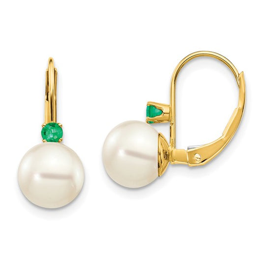 14kt Yellow Gold 7-7.5mm White Round FW Cultured Pearl Emerald Leverback Earrings