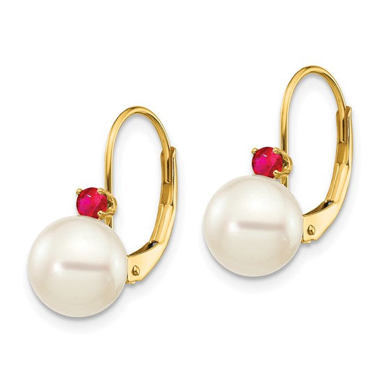14kt Yellow Gold 7-7.5mm White Round FW Cultured Pearl Ruby Leverback Earrings