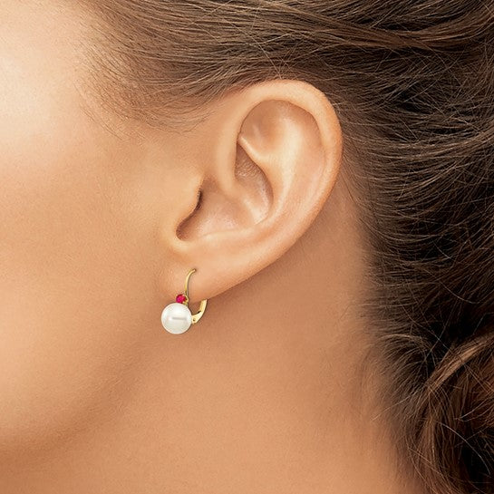 14kt Yellow Gold 7-7.5mm White Round FW Cultured Pearl Ruby Leverback Earrings
