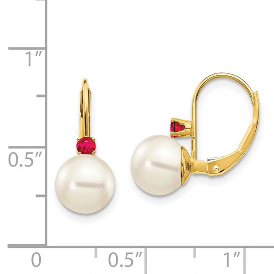 14kt Yellow Gold 7-7.5mm White Round FW Cultured Pearl Ruby Leverback Earrings