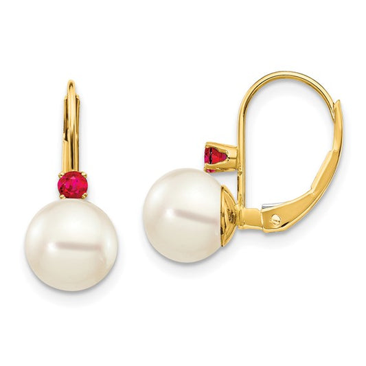14kt Yellow Gold 7-7.5mm White Round FW Cultured Pearl Ruby Leverback Earrings