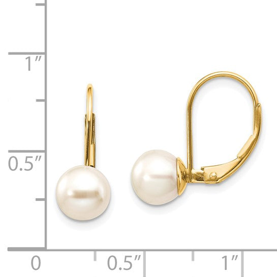 14kt Yellow Gold 7-8mm White Round Freshwater Cultured Pearl Leverback Earrings