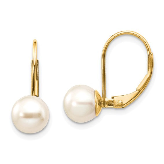 14kt Yellow Gold 7-8mm White Round Freshwater Cultured Pearl Leverback Earrings