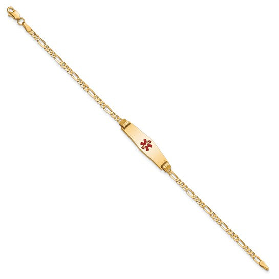 14KT Yellow Gold Medical Solid Chain/Solid Plate 24x7mm Soft Diamond Shape Centered Red Enamel Figaro Link 7 inch ID Bracelet