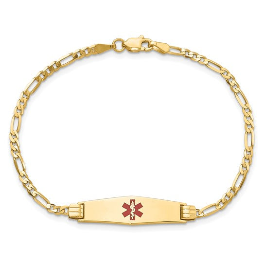 14KT Yellow Gold Medical Solid Chain/Solid Plate 24x7mm Soft Diamond Shape Centered Red Enamel Figaro Link 7 inch ID Bracelet