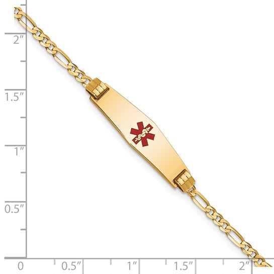 14KT Yellow Gold Medical Solid Chain/Solid Plate 24x7mm Soft Diamond Shape Centered Red Enamel Figaro Link 7 inch ID Bracelet