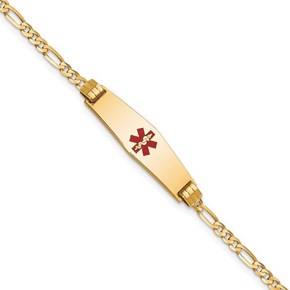 14KT Yellow Gold Medical Solid Chain/Solid Plate 24x7mm Soft Diamond Shape Centered Red Enamel Figaro Link 7 inch ID Bracelet