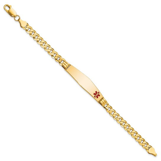 14KT Yellow Gold Medical Solid Chain/Solid Plate Soft Diamond Shape 38x9mm Off-Center Red Enamel Curb Link 7 inch ID Bracelet