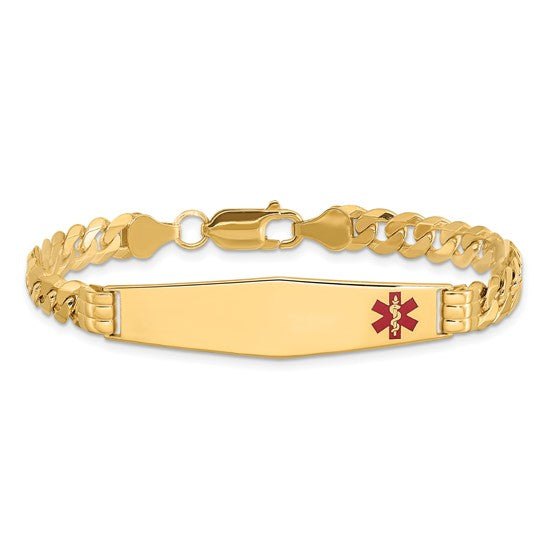 14KT Yellow Gold Medical Solid Chain/Solid Plate Soft Diamond Shape 38x9mm Off-Center Red Enamel Curb Link 7 inch ID Bracelet