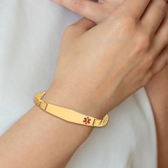 14KT Yellow Gold Medical Solid Chain/Solid Plate Soft Diamond Shape 38x9mm Off-Center Red Enamel Curb Link 7 inch ID Bracelet