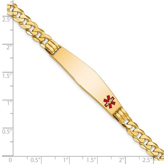 14KT Yellow Gold Medical Solid Chain/Solid Plate Soft Diamond Shape 38x9mm Off-Center Red Enamel Curb Link 7 inch ID Bracelet