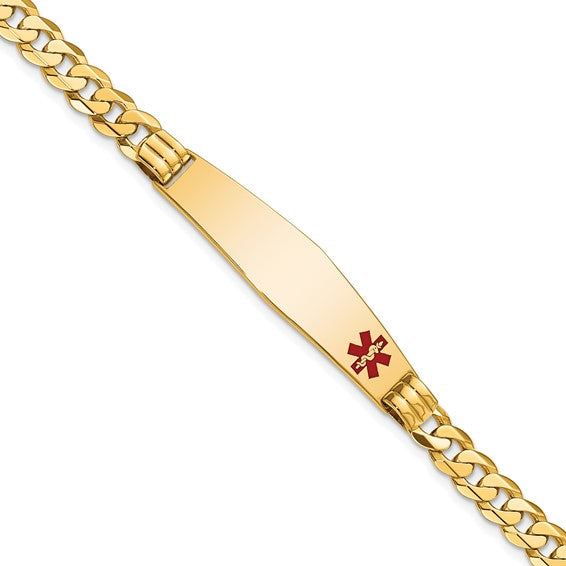 14KT Yellow Gold Medical Solid Chain/Solid Plate Soft Diamond Shape 38x9mm Off-Center Red Enamel Curb Link 7 inch ID Bracelet