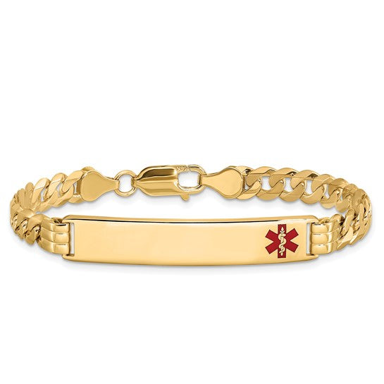 14KT Yellow Gold Medical Solid Chain/Solid Plate 38x8mm  Off-Center Red Enamel Curb Link 7 inch ID Bracelet