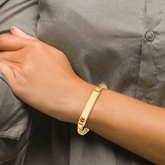 14KT Yellow Gold Medical Solid Chain/Solid Plate 38x8mm  Off-Center Red Enamel Curb Link 7 inch ID Bracelet