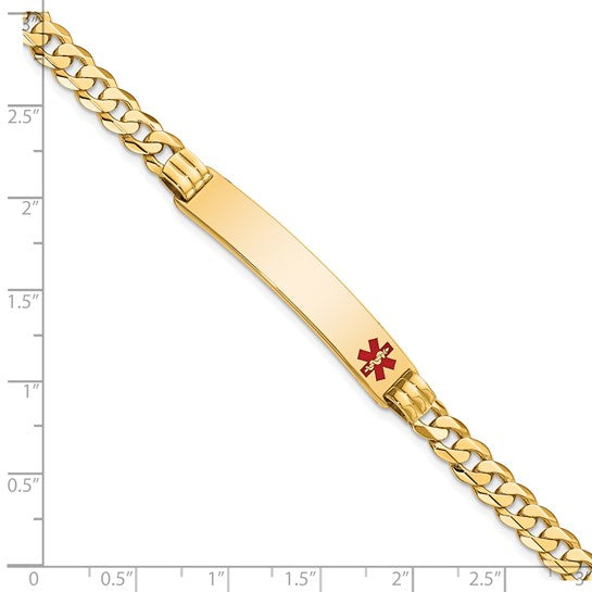 14KT Yellow Gold Medical Solid Chain/Solid Plate 38x8mm  Off-Center Red Enamel Curb Link 7 inch ID Bracelet