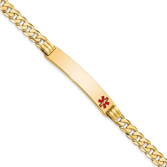 14KT Yellow Gold Medical Solid Chain/Solid Plate 38x8mm  Off-Center Red Enamel Curb Link 7 inch ID Bracelet