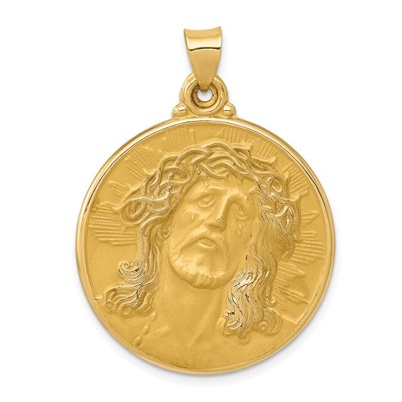 14kt Yellow Gold Polished and Satin Face of Jesus Medal Hollow Pendant