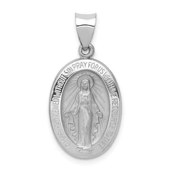 14kt White Gold Polished / Satin Miraculous Medal Hollow Pendant