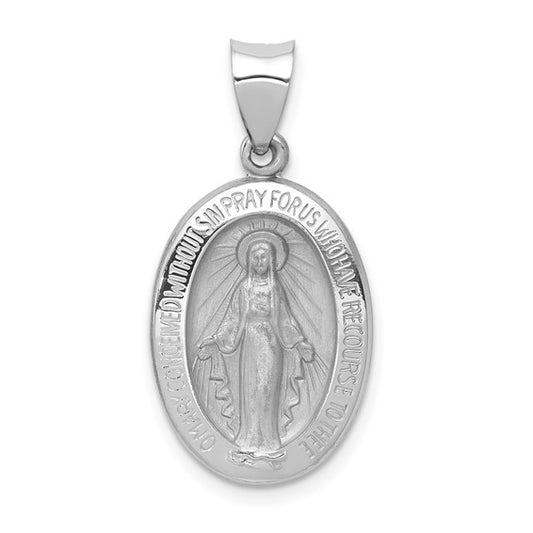 14kt White Gold Polished / Satin Miraculous Medal Hollow Pendant