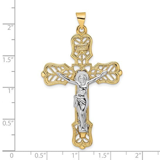 14kt Two-tone Solid INRI Filigree Crucifix Pendant