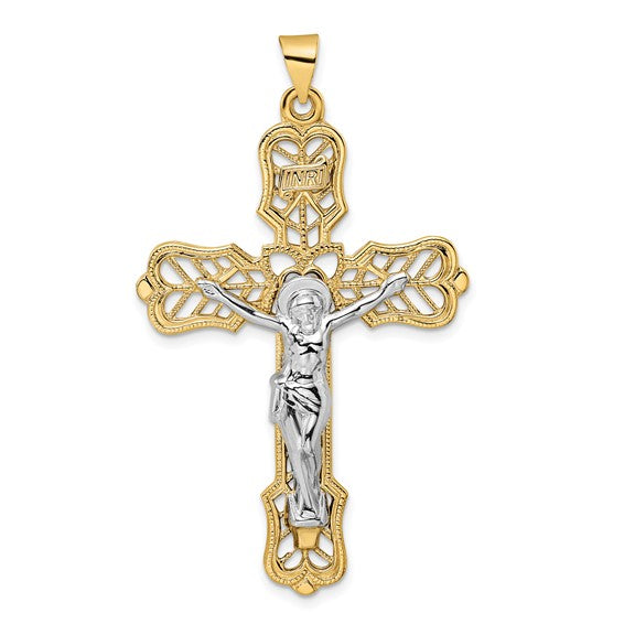 14kt Two-tone Solid INRI Filigree Crucifix Pendant