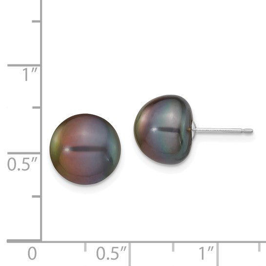 14kt White Gold 10-11mm Black Button Freshwater Cultured Pearl Stud Post Earrings