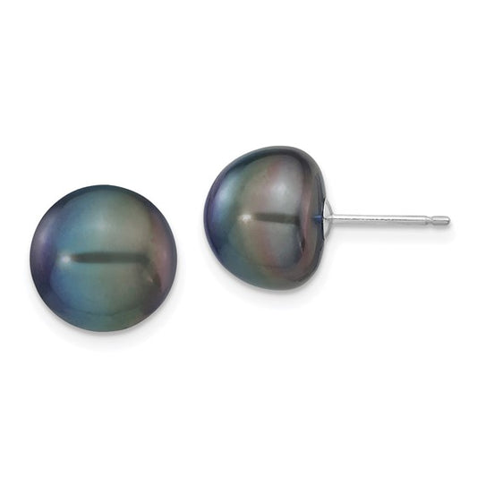 14kt White Gold 10-11mm Black Button Freshwater Cultured Pearl Stud Post Earrings