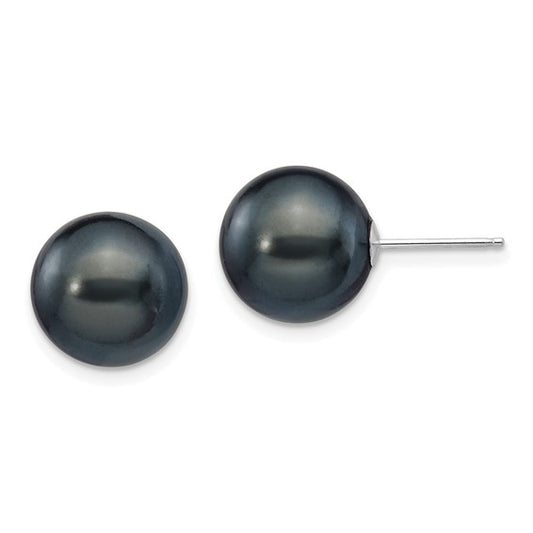 14kt White Gold 10-11mm Black Round Freshwater Cultured Pearl Stud Post Earrings