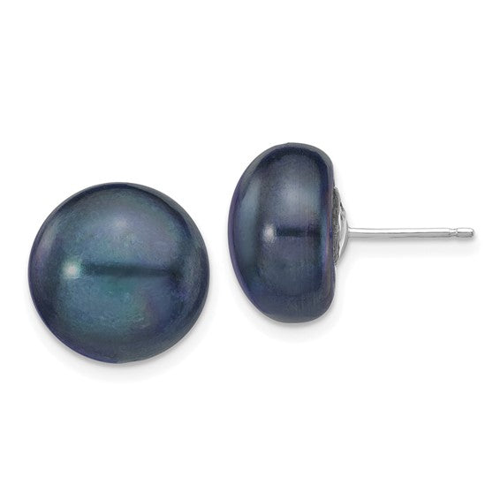 14kt White Gold 12-13mm Black Button Freshwater Cultured Pearl Stud Post Earrings
