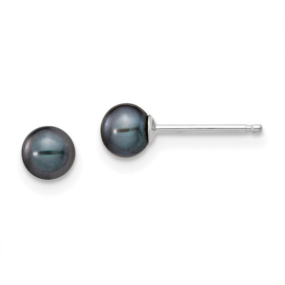 14kt White Gold 4-5mm Black Round Freshwater Cultured Pearl Stud Post Earrings