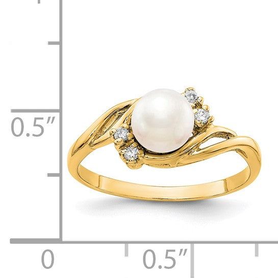 14kt Yellow Gold 6mm FW Cultured Pearl AAA Diamond ring
