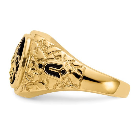 14kt Yellow Gold Polished, Antiqued and Nugget Texture AA Quality Diamond Masonic Ring