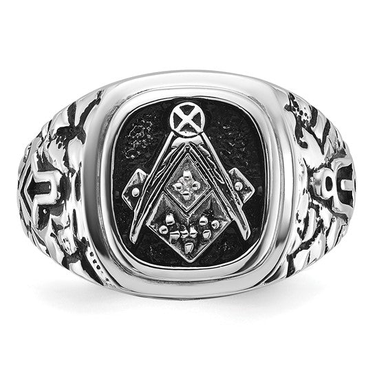 14kt White Gold Men's Polished Antiqued and Textured with Black Enamel and AA Quality Diamonds Masonic Ring