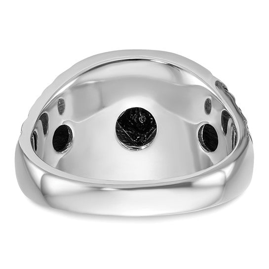 14kt White Gold Men's Polished Antiqued and Textured with Black Enamel and AA Quality Diamonds Masonic Ring