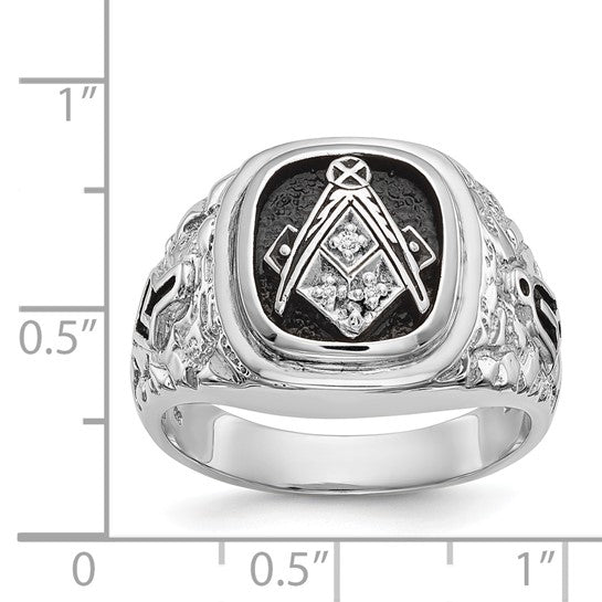 14kt White Gold Men's Polished Antiqued and Textured with Black Enamel and AA Quality Diamonds Masonic Ring