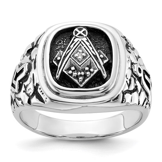 14kt White Gold Men's Polished Antiqued and Textured with Black Enamel and AA Quality Diamonds Masonic Ring
