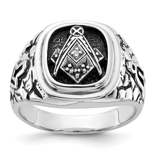 14kt White Gold Men's Polished Antiqued and Textured with Black Enamel and AA Quality Diamonds Masonic Ring