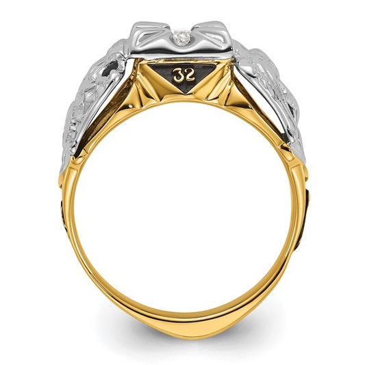 14kt Two-tone Men's Polished and Textured with Black Enamel and VS Quality Diamond Masonic Ring