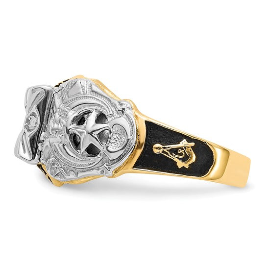 14kt Two-tone Men's Polished and Textured with Black Enamel and VS Quality Diamond Masonic Ring