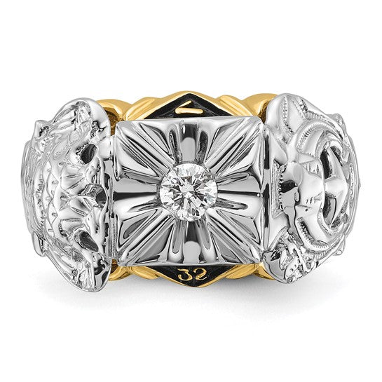 14kt Two-tone Men's Polished and Textured with Black Enamel and VS Quality Diamond Masonic Ring