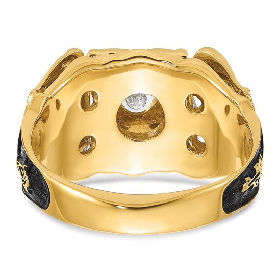 14kt Two-tone Men's Polished and Textured with Black Enamel and VS Quality Diamond Masonic Ring