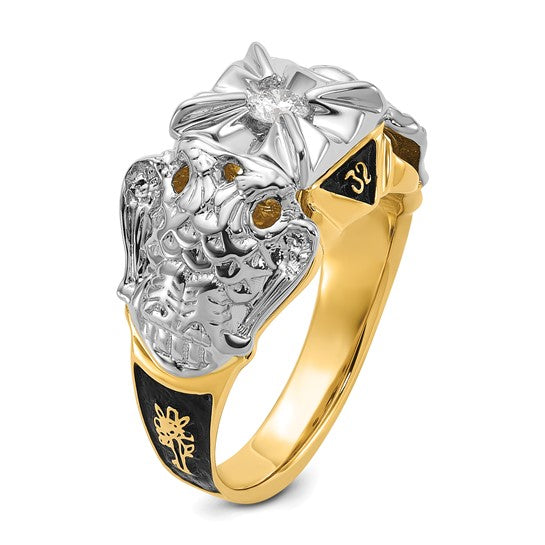 14kt Two-tone Men's Polished and Textured with Black Enamel and VS Quality Diamond Masonic Ring