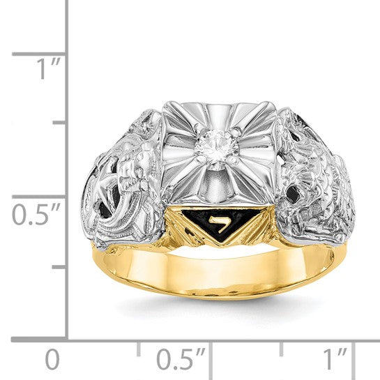 14kt Two-tone Men's Polished and Textured with Black Enamel and VS Quality Diamond Masonic Ring