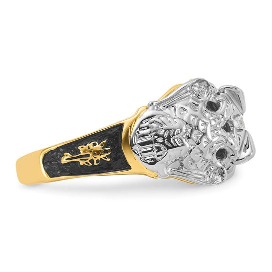14kt Two-tone Men's Polished and Textured with Black Enamel and VS Quality Diamond Masonic Ring