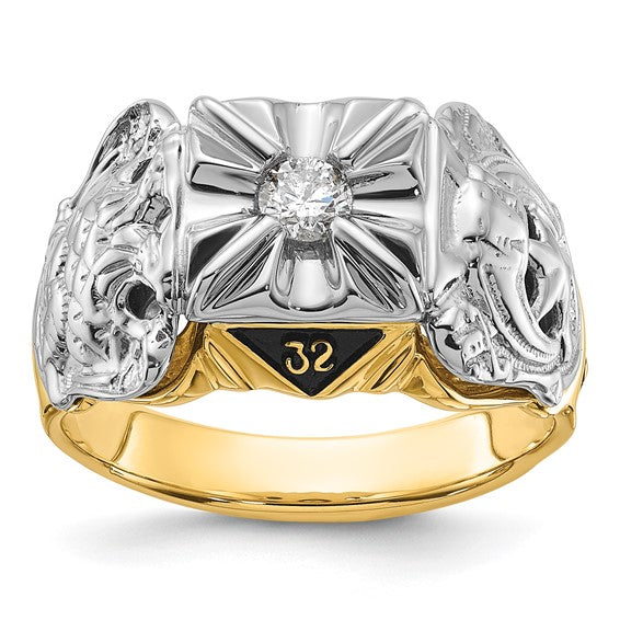 14kt Two-tone Men's Polished and Textured with Black Enamel and VS Quality Diamond Masonic Ring