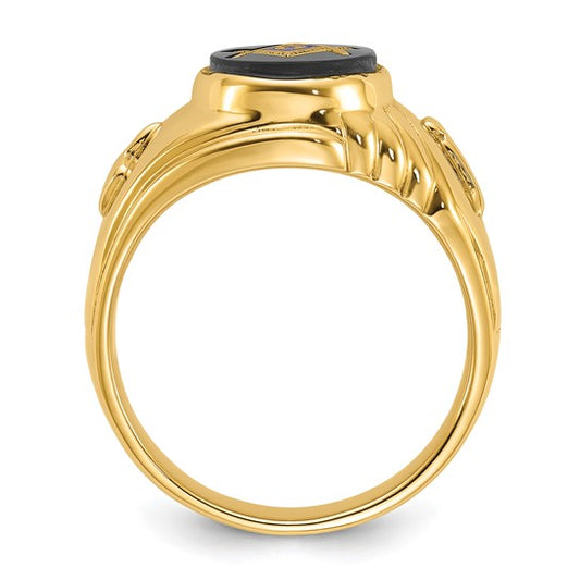 14kt Yellow Gold Men's Polished and Textured with Oval Onyx Masonic Ring