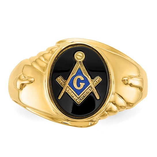 14kt Yellow Gold Men's Polished and Textured with Oval Onyx Masonic Ring