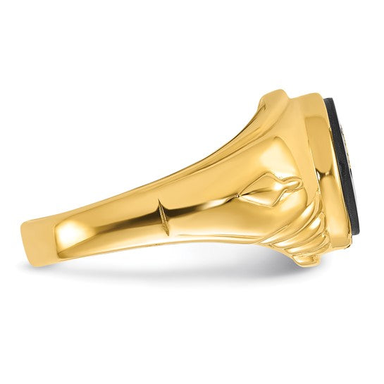14kt Yellow Gold Men's Polished and Textured with Oval Onyx Masonic Ring